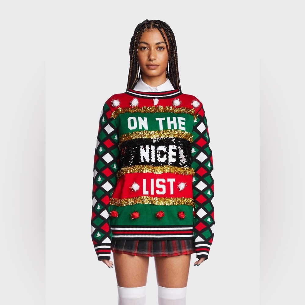 NAUGHTY OR NICE REVERSIBLE SEQUIN UGLY CHRISTMAS SWEATER
